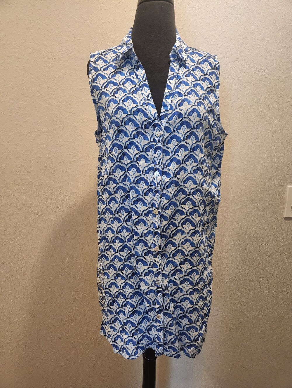 Sigrid Olsen Blue and White Printed Linen Top